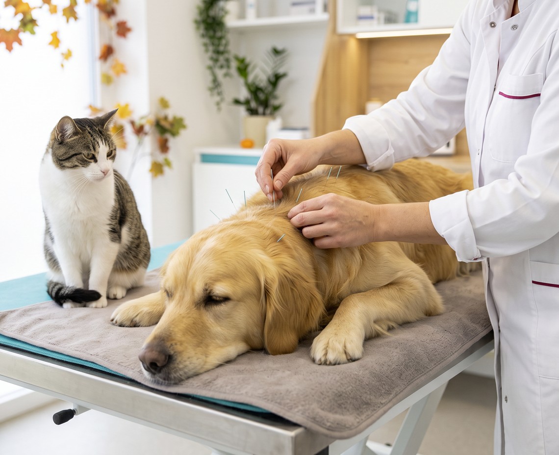 Tierärztin führt bei einem entspannten Hund eine Akupunkturbehandlung durch; daneben sitzt eine Katze im Tiermedizinischen Zentrum Teesdorf.